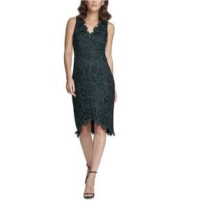 NWT Eliza J Green Black‎ Floral Lace Scalloped V-Neck Sheath Dress - Size 8